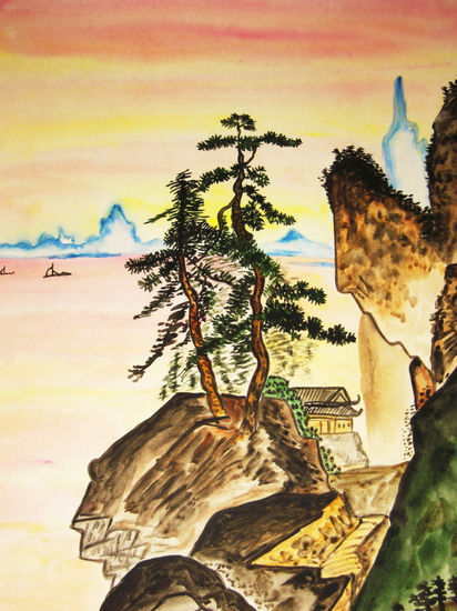 Brown rocks with pine trees Acuarela Papel Paisaje