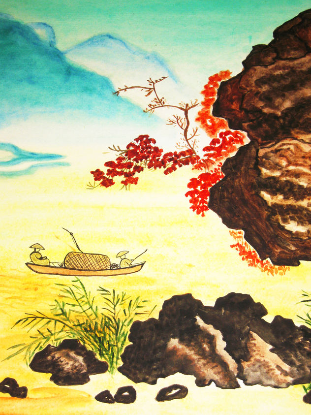 Landscape with boat, rocks and red plant
