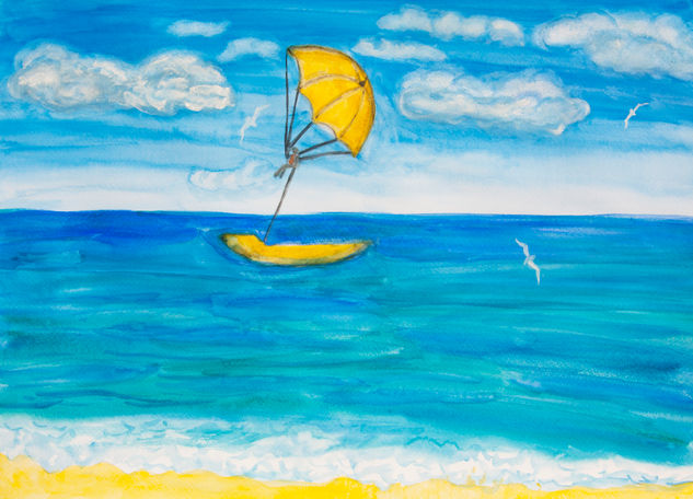 Seascape with yellow parachute Watercolour Paper Marine Painting