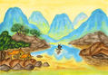Chinese landscape with blue hills on yellow sky