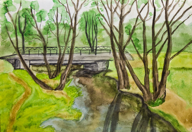 Bridge on little river and trees Acuarela Papel Paisaje