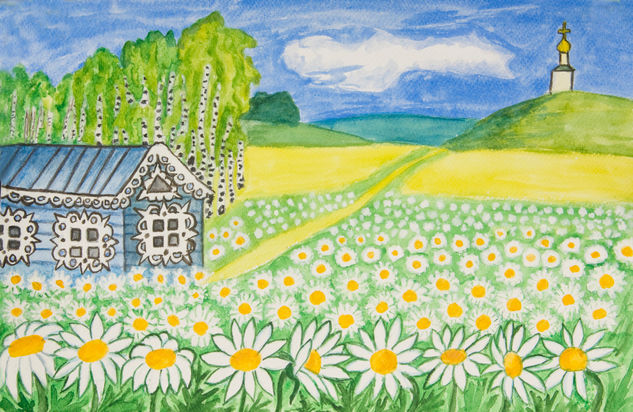 House with camomiles (daisies) 3 Watercolour Paper Landscaping