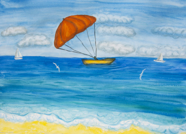 Seascape with orange parachute Watercolour Paper Marine Painting