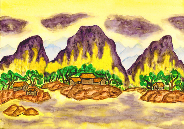 Violet hills on yellow sky