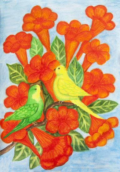 Two little parrots green and yellow on branch with orange campsis flowers Acuarela Papel Animales