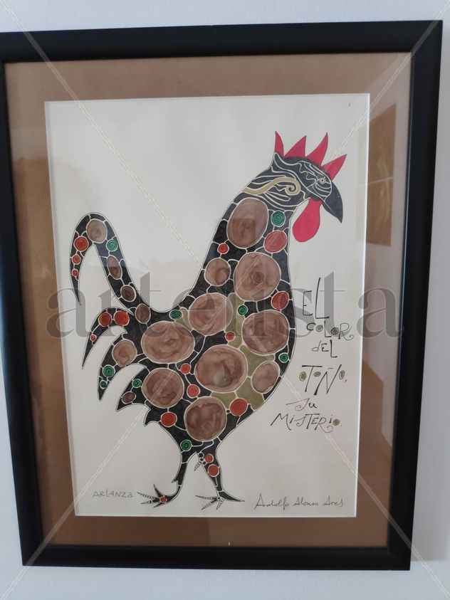 Pintura de Gallo pintada con vino