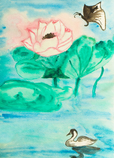 Lotos with butterfly and duck Watercolour Paper Floral Painting