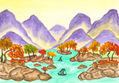 Landscape with lilac hills on yellow sky
