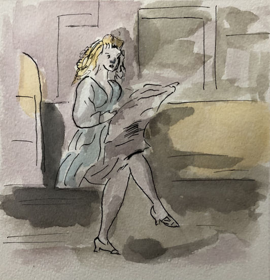 Una joven leyendo en el metro Watercolour Paper Figure Painting