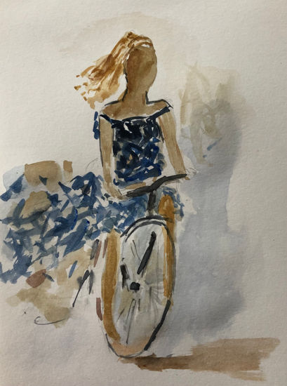 Muchacha en bicicleta Watercolour Paper Figure Painting