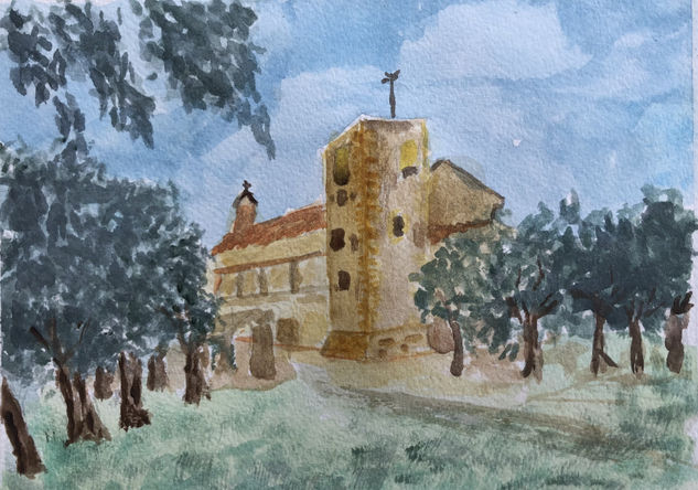 Torre de la Ermita de la mare de Deu de La Pineda Acuarela Papel Paisaje