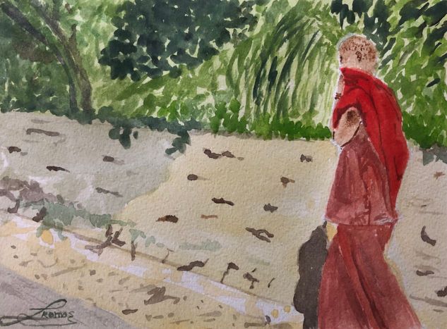 Monje paseando Watercolour Paper Figure Painting