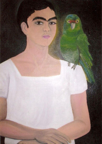 " AUTORRETRATO CON MASCOTA " Oil Canvas Figure Painting