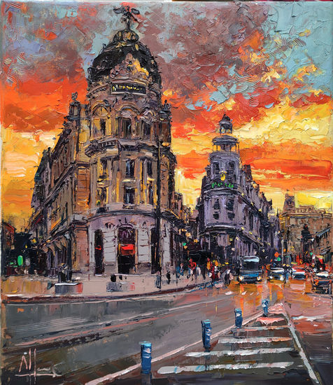 "Cielo de fuego Madrid" Óleo Lienzo Paisaje