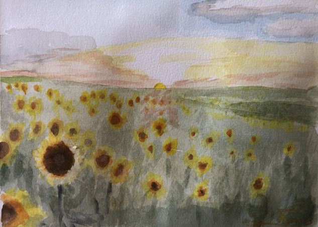 Campo de girasoles Acuarela Papel Paisaje