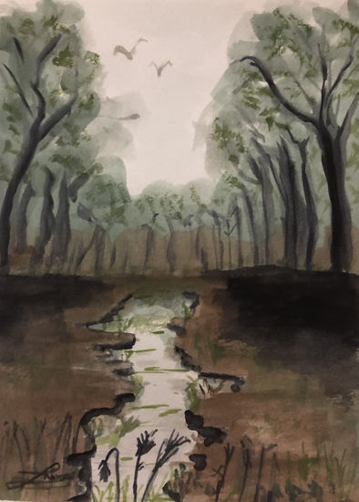 Bosque oscuro Acuarela Papel Paisaje