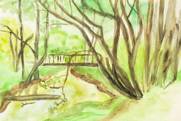 River, trees and bridge, summer landscape Acuarela Papel Paisaje