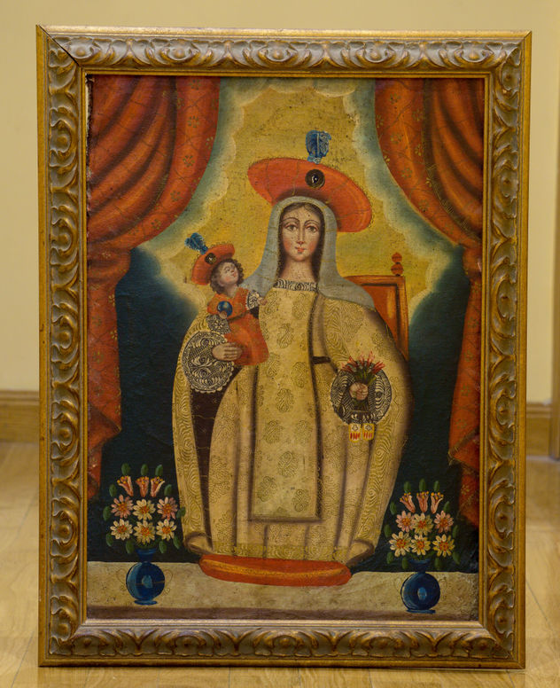 Óleo de virgen con niño - Escuela Cuzqueña, Perú