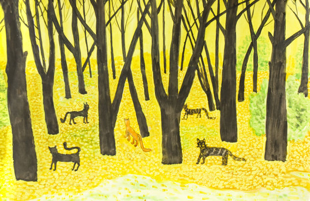 Autumn landscape with cats Acuarela Papel Paisaje