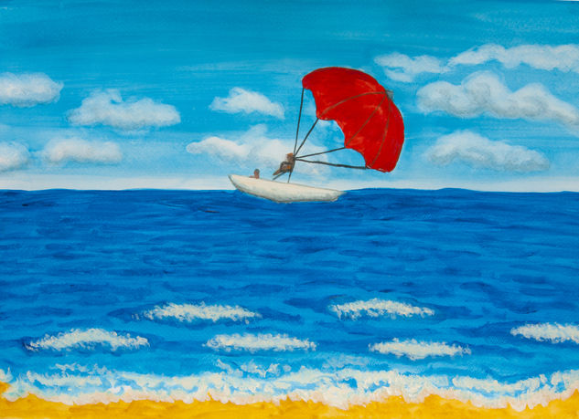 Seascape with red parachute Watercolour Paper Marine Painting