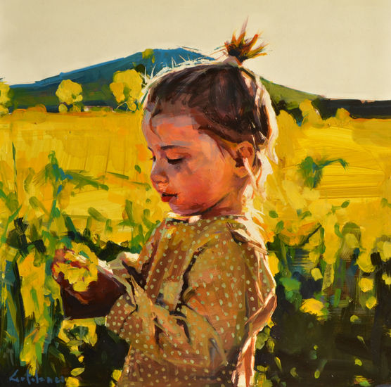 Niña con flores amarillas Oil Panel Portrait