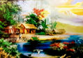 Paisaje con lago y gansos