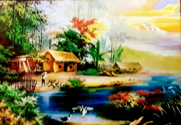 Paisaje con lago y gansos