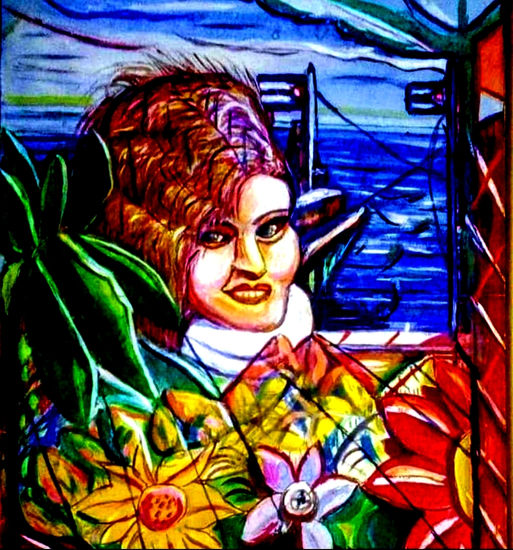 Mujer entre flores Oil Panel Marine Painting