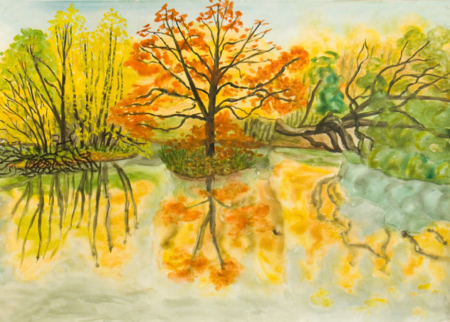 Autumn landscape with red tree on island