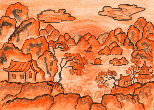 Orange hills 1 Acuarela Papel Paisaje