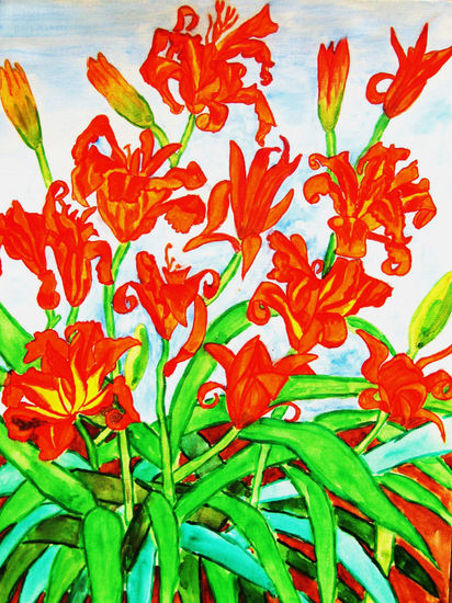 Orange lilies vertical Watercolour Paper Floral Painting