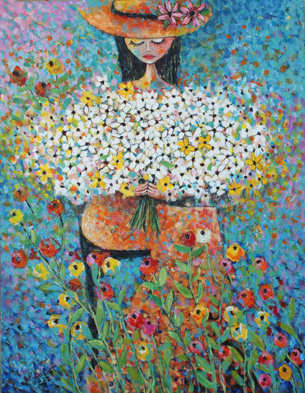 Retrato con flores blancas Acrylic Canvas Floral Painting