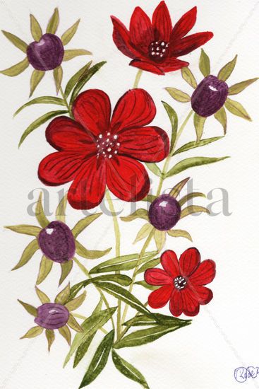 Flores rojas Watercolour Card Floral Painting