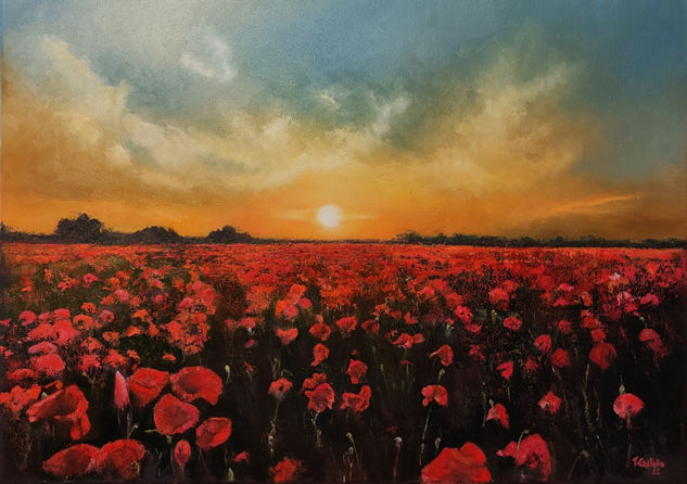 Campo de amapolas al atardecer Oil Canvas Landscaping