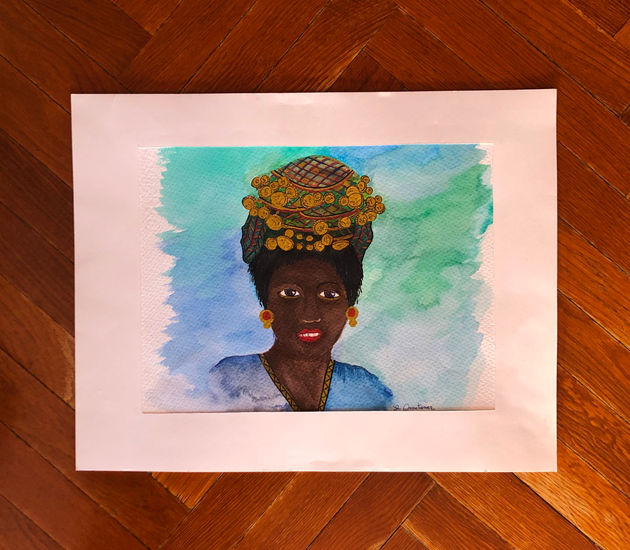 Àfrica. Detall del mocador de les mainaderes Sud-Africanes. Watercolour Card Portrait