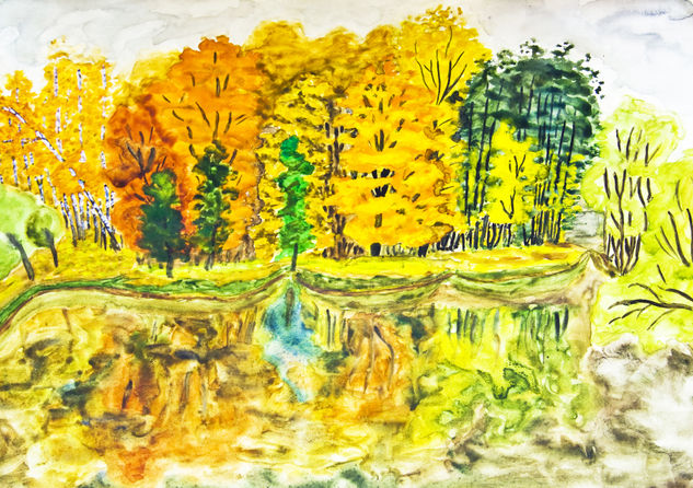 Autumn forest with reflection in water Acuarela Papel Paisaje