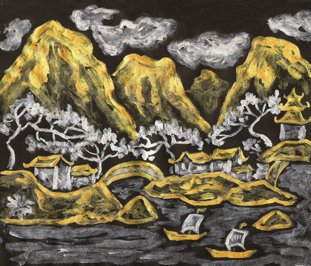 Landscape with hills in golden and silver colours Gouache Papel Paisaje