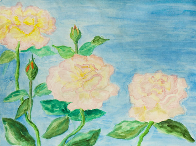 Three pink roses on blue Watercolour Paper Floral Painting