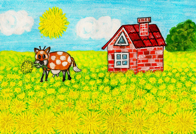 House with yellow dandelions 1