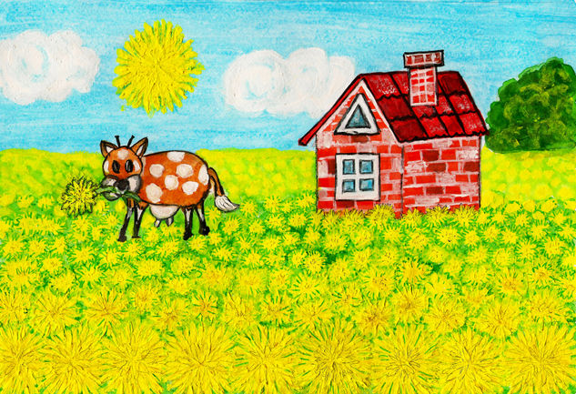 House with yellow dandelions 1 Acuarela Papel Paisaje