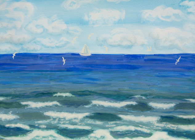 Seascape with white sail Watercolour Paper Marine Painting