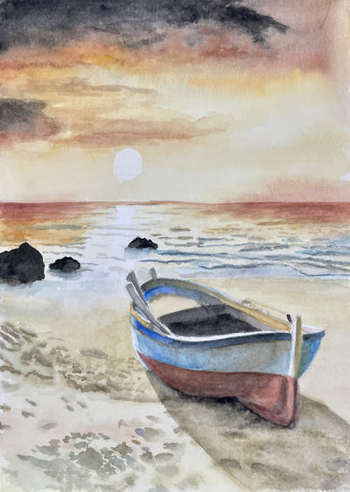 Atardecer en la playa Watercolour Paper Marine Painting