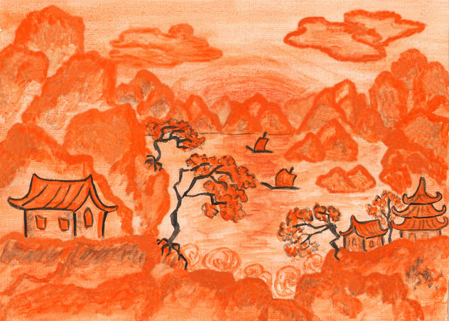 Chinese landscape in orange colour 2