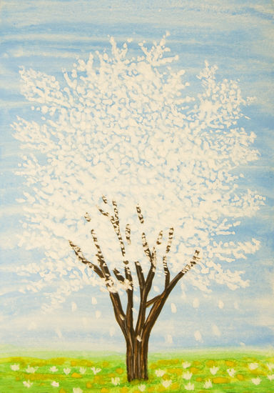 White spring tree on blue Acuarela Papel Paisaje