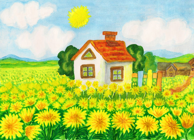 House with yellow dandelions2 Watercolour Paper Landscaping