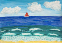 Seascape with red sail