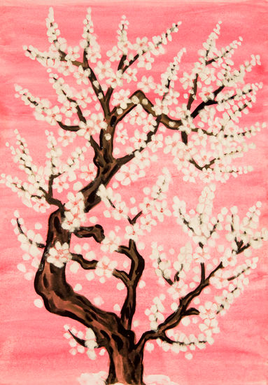 White tree on pink Acuarela Papel Paisaje