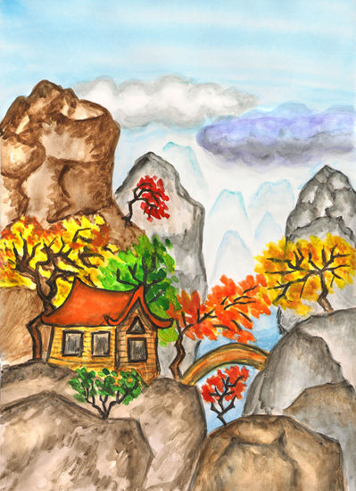 House in hills China Watercolour Paper Landscaping