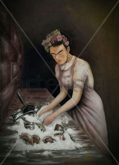 Frida lavando los platos Oil Canvas Figure Painting