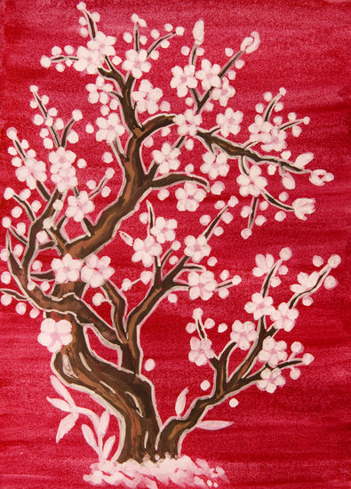 White tree on crimson Acuarela Papel Paisaje